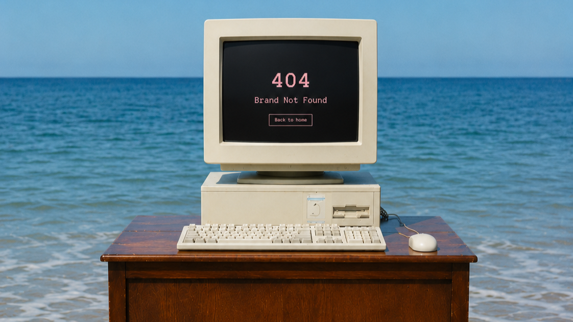 An old computer on a wooden desk showing a '404 Brand Not Found' error message, placed outdoors at the beach.