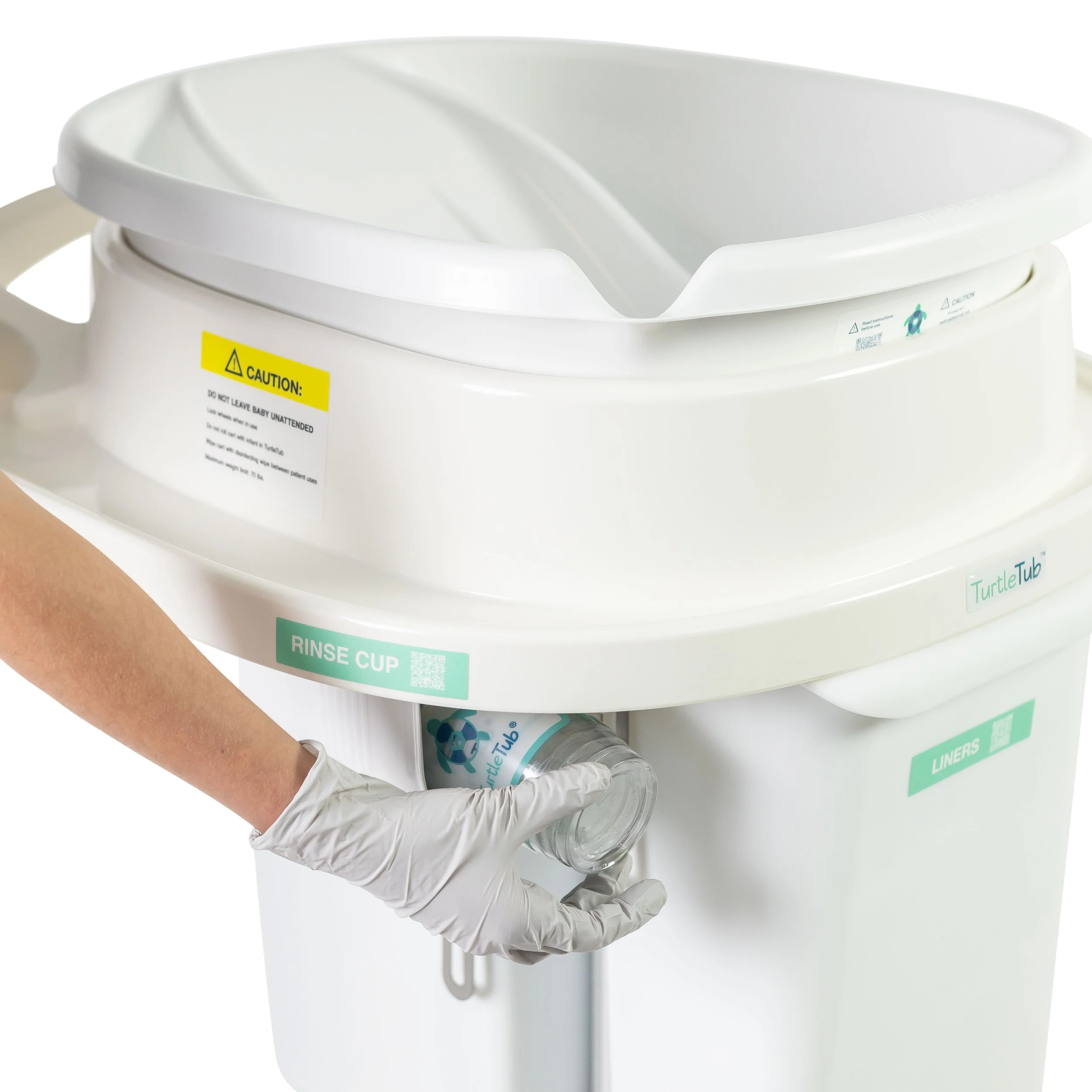 Bathing cart showing rinse cup dispenser