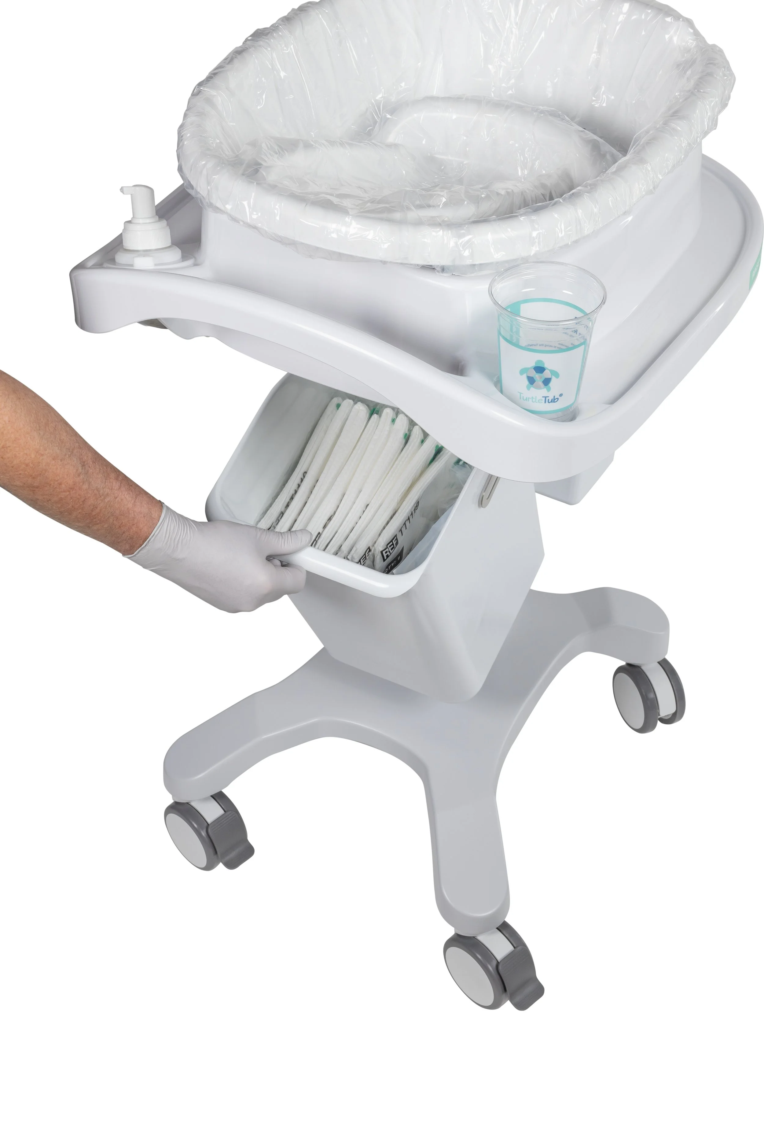 Storage bin on cart for accessories