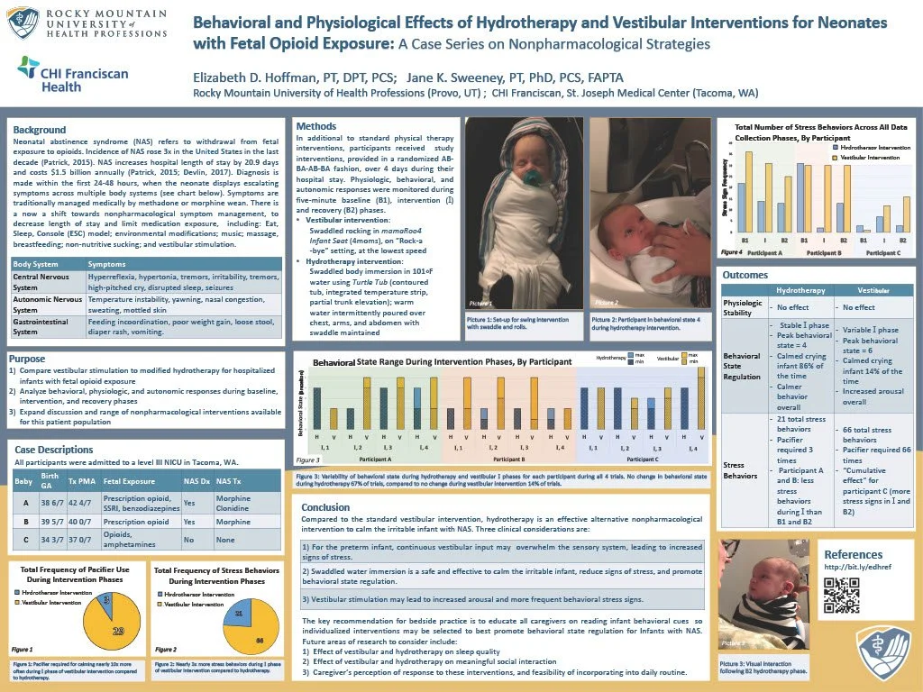 Research poster titled 'Behavioral and Physiological Effects of Hydrotherapy and Vestibular Interventions for Neonates with Fetal Opioid Exposure'.