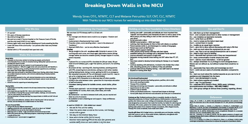 Infographic titled "Breaking Down Walls in the NICU" with sections about NICU staff, foundation building, future directions, do's and don'ts, tips, and references.
