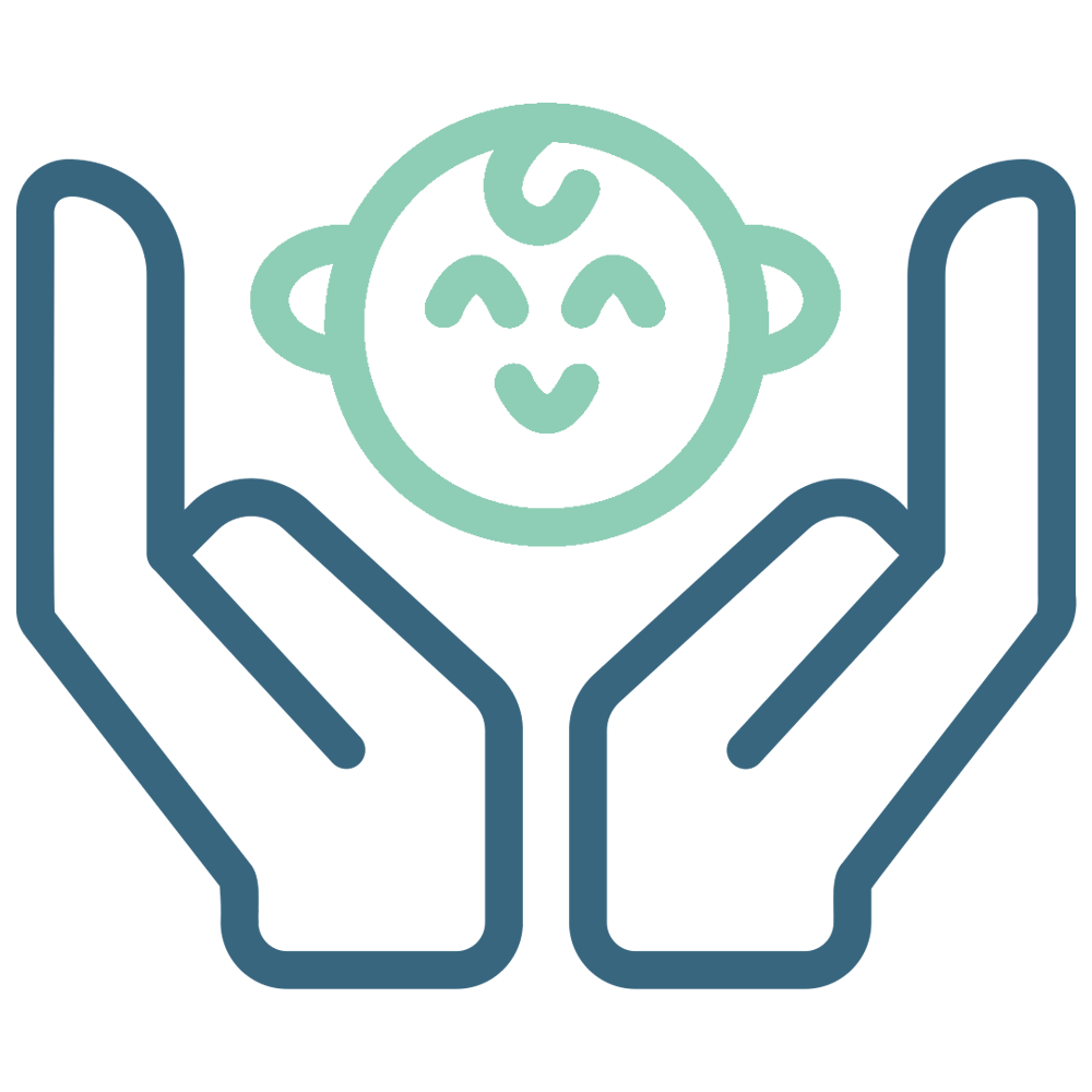 Illustration of two hands gently holding a smiling baby face with closed eyes, in a minimalist line art style.