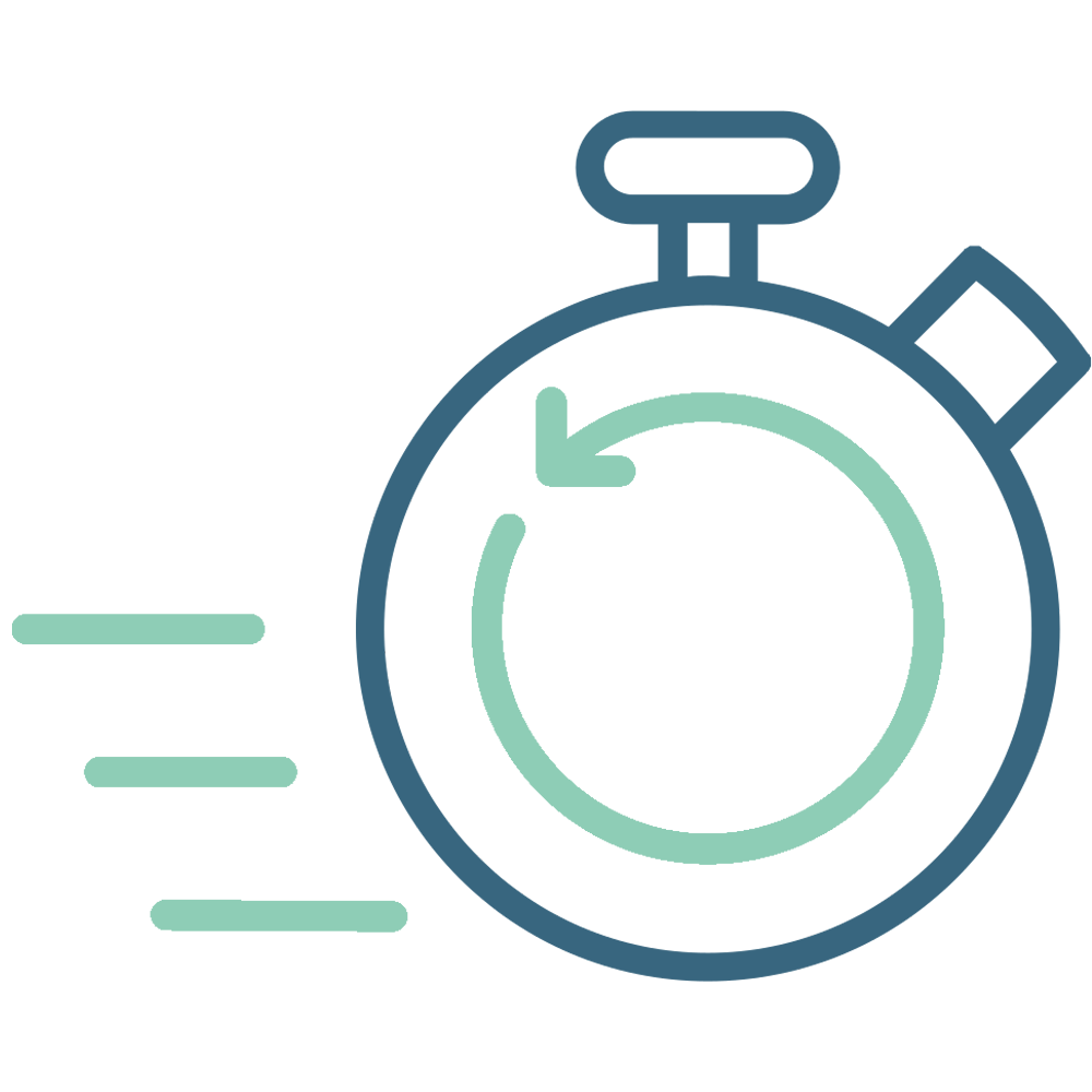 Simplistic illustration of a stopwatch with motion lines indicating speed or quickness.