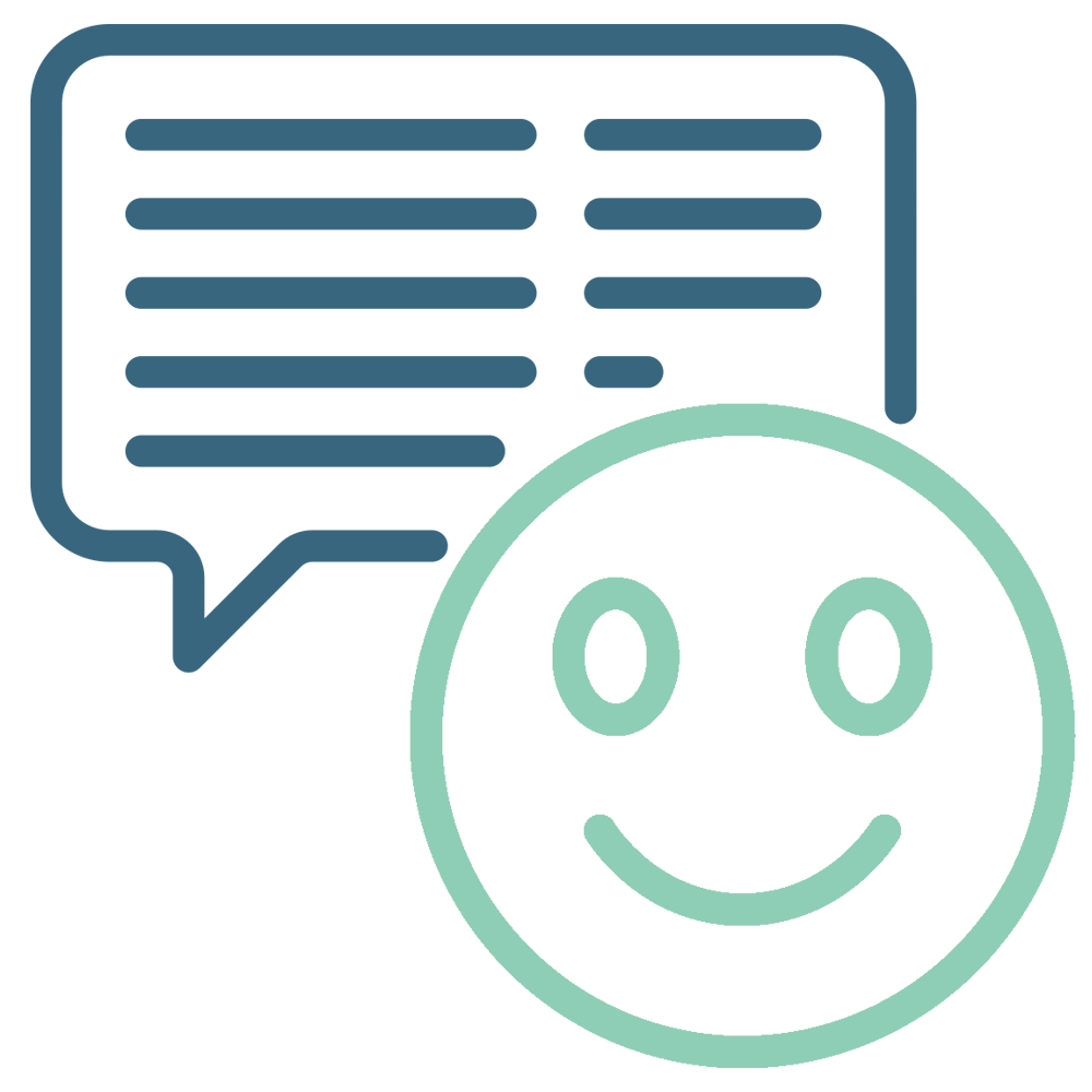 A smiling face icon with a speech bubble indicating conversation or communication.