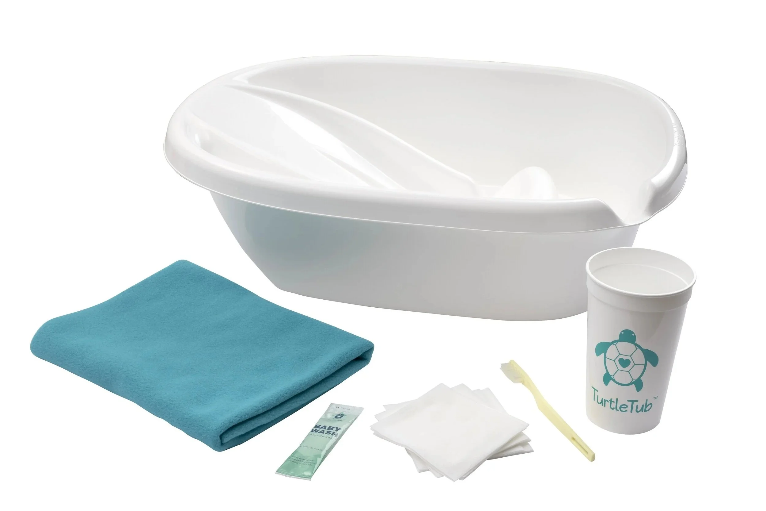 Baby care kit including a TurtleTub a swaddle blanket, a rinse cup, baby wipes, a toothbrush, and other small items.