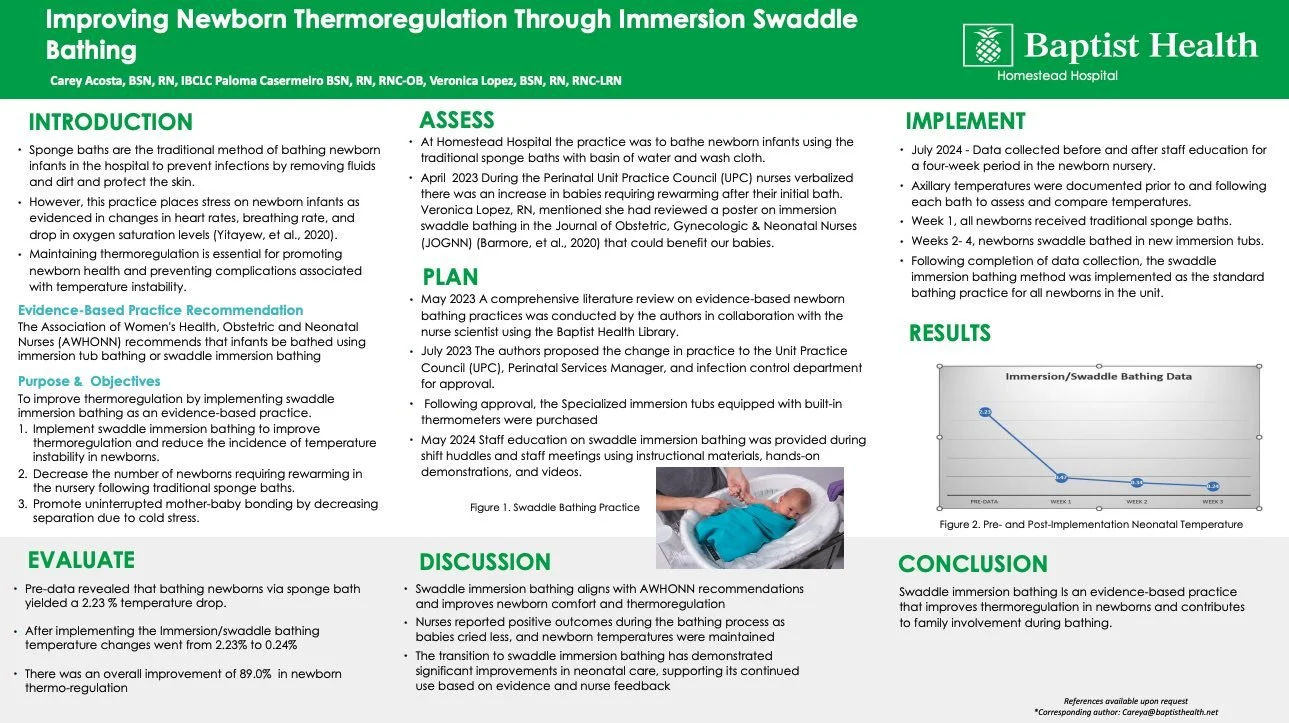 Research poster titled 'Improving Newborn Thermoregulation Through Immersion Swaddle Bathing'.