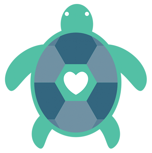 TurtleTub logo, green and blue turtle with heart.