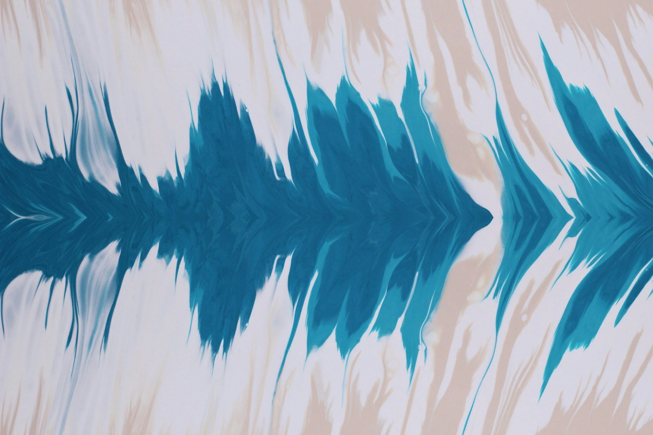 Abstract painting with flowing blue, beige, and white streaks.