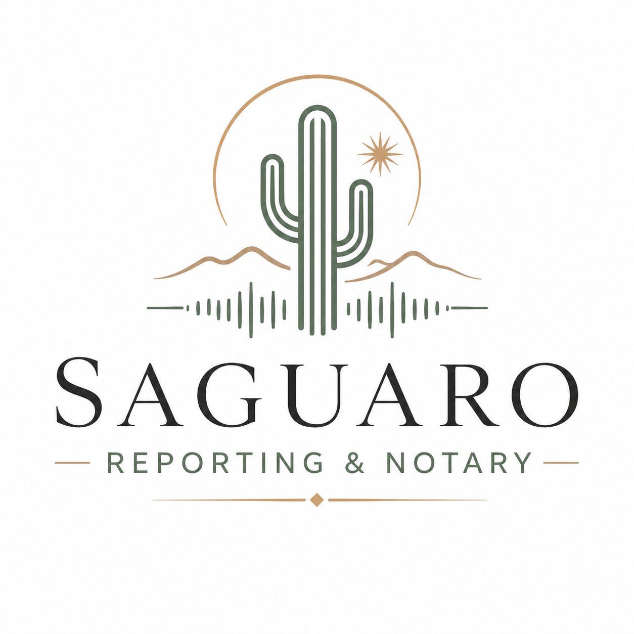 Logo for Saguaro Reporting & Notary featuring a stylized Saguaro cactus with mountains, a star, and waveforms in earthy tones.