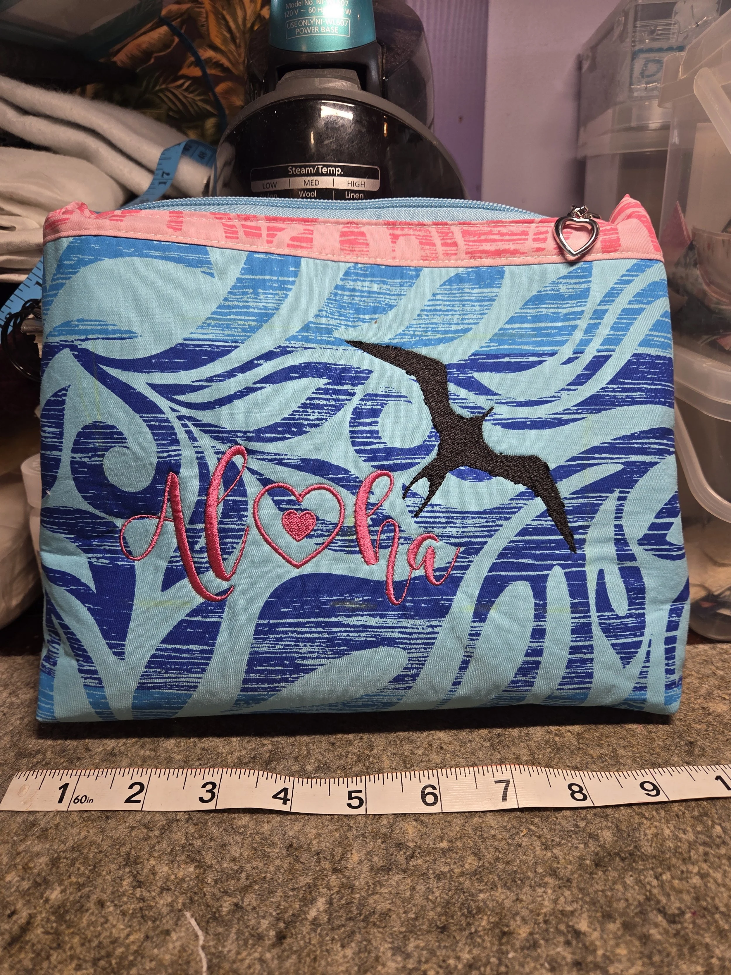 Stylish Hawaiian "Aloha" & 'Iwa Bird Embroidered Fabric Pouch