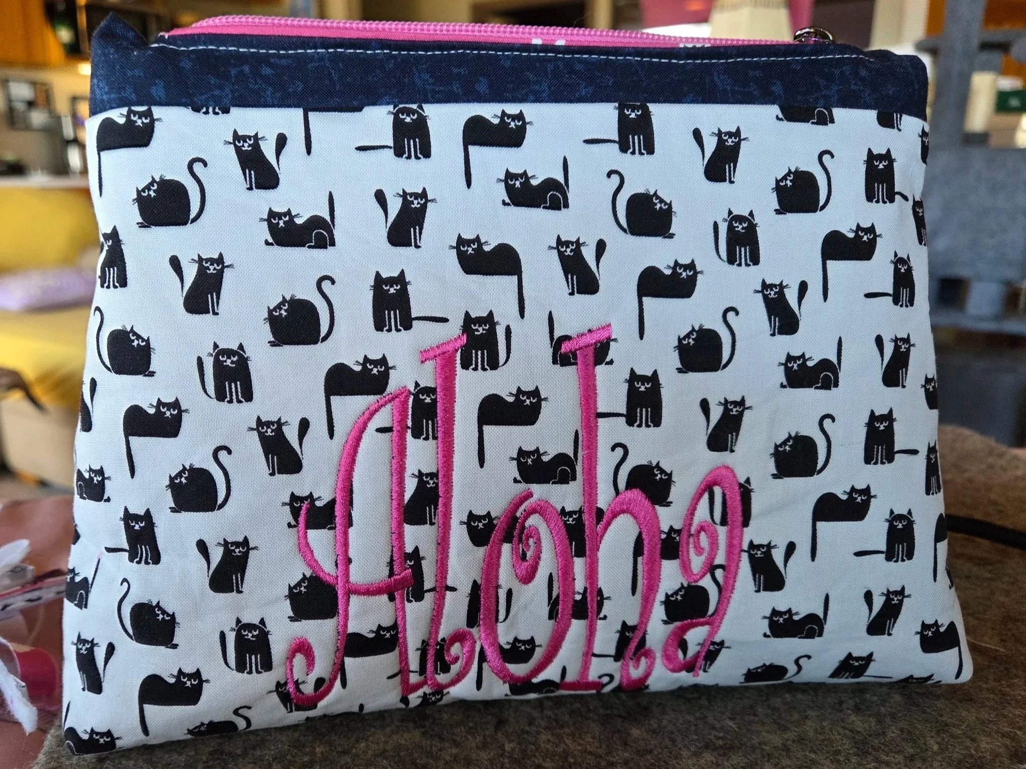 Handcrafted "Aloha" Black Cat Zippered Pouch