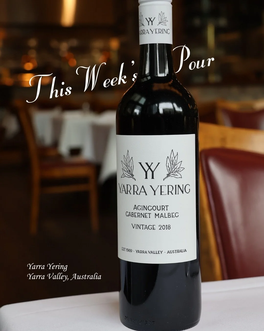 This Week&rsquo;s Pour 🍷

Yarra Yering &lsquo;Agincourt&rsquo; 
Cabernet Malbec 2018
Yarra Valley, Australia.

A beautifully structured red layered with dark berries, cassis and subtle spice, balanced by elegance and refined tannins.

Not quite sure