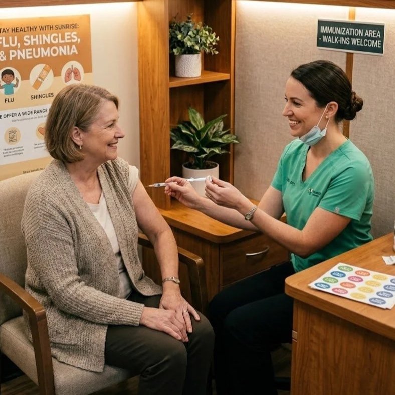 A healthcare worker in green scrubs and a face mask, sitting at a desk, administering a vaccine to an elderly woman with short blond hair, wearing a beige sweater. The room has wooden furniture with potted plants, and posters about flu and pneumonia vaccinations on the wall.