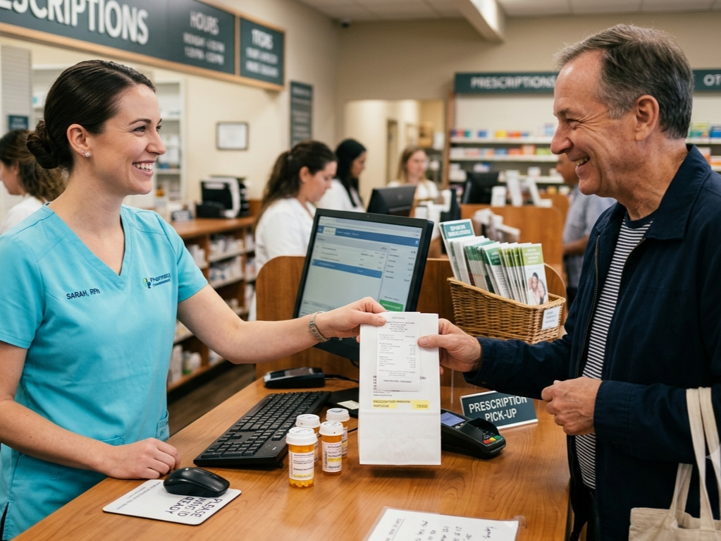 A smiling female pharmacy employee hands a prescription receipt to a male customer at a pharmacy counter.
