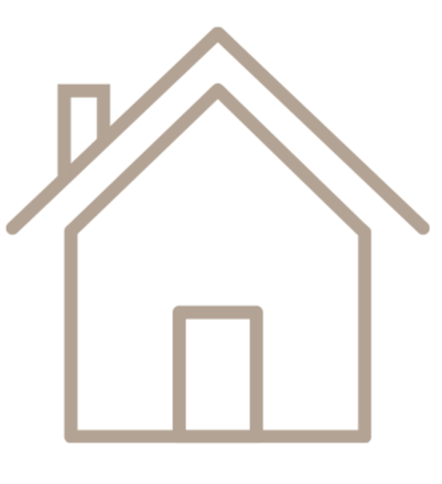 Outline drawing of a house with a chimney and front door.