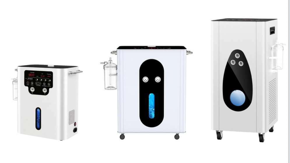 Three large medical or laboratory machines with digital displays and attached containers, positioned side by side on a white background.
