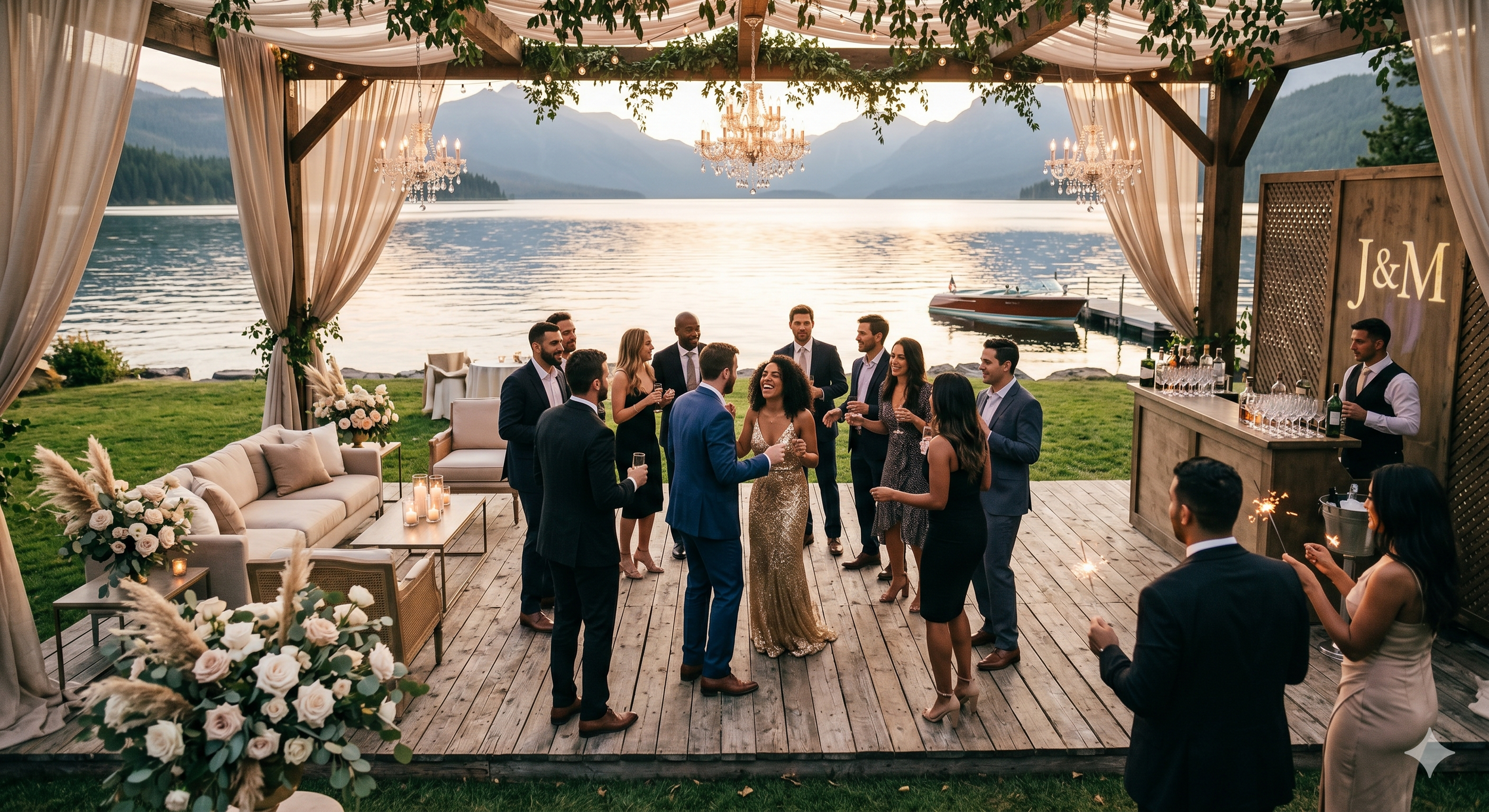 A group of people in formal attire celebrating at an outdoor damask-lit lakeside wedding reception under a decorated wooden pavilion with chandeliers, surrounded by mountains and a boat on the lake.