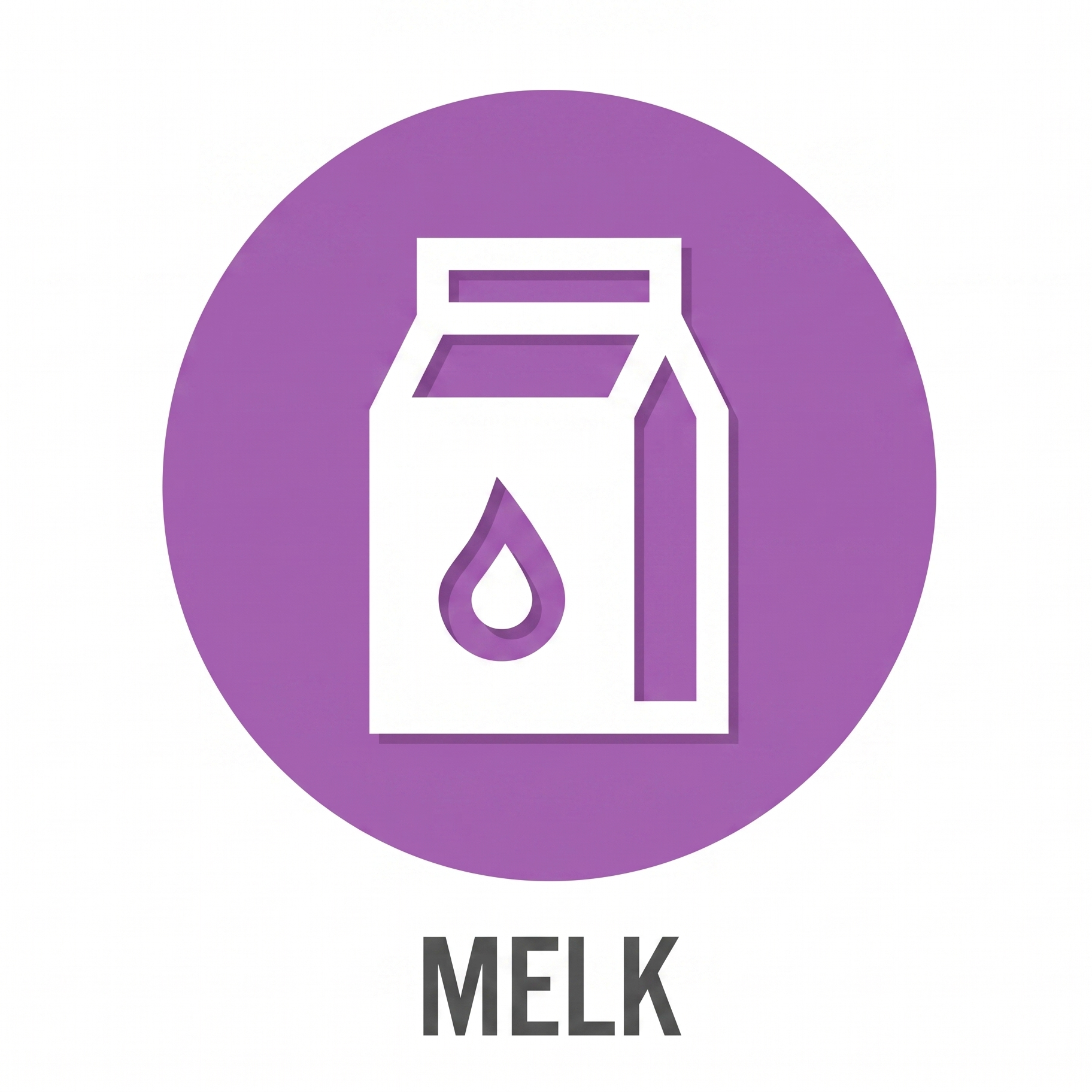 An icon of a milk carton with a droplet, set against a purple circle background. Below, the word 'MELK' is written in bold, black letters.