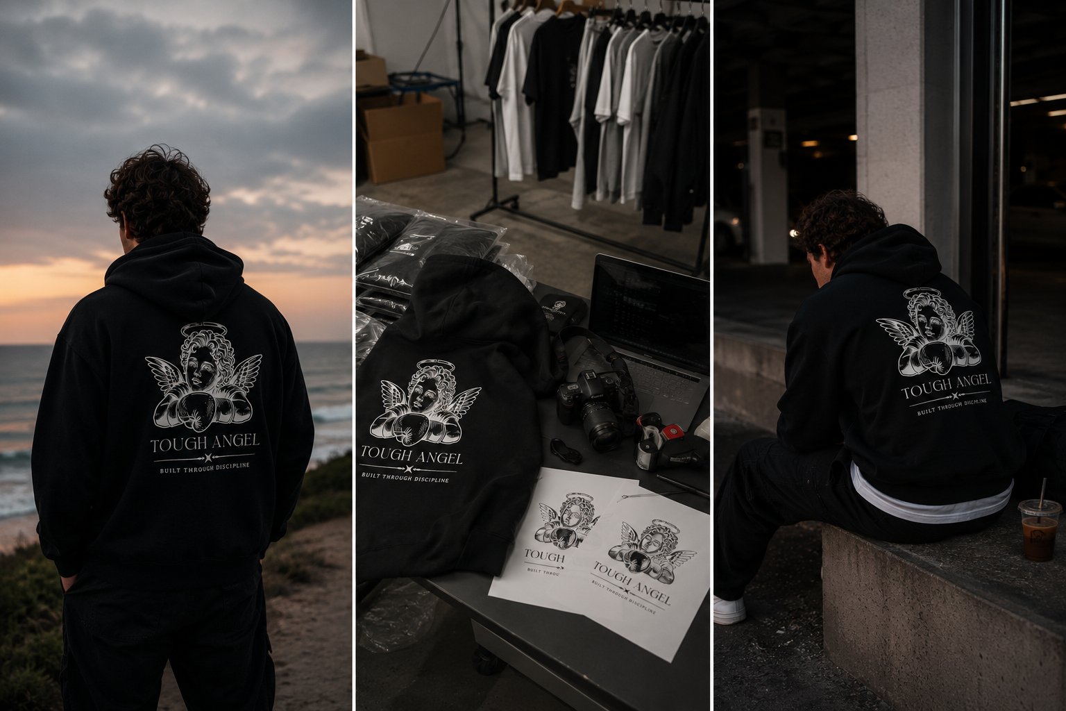 A person wearing a black hoodie with a 'Tough Angel' logo, standing on a beach at sunset, looking out at the ocean.