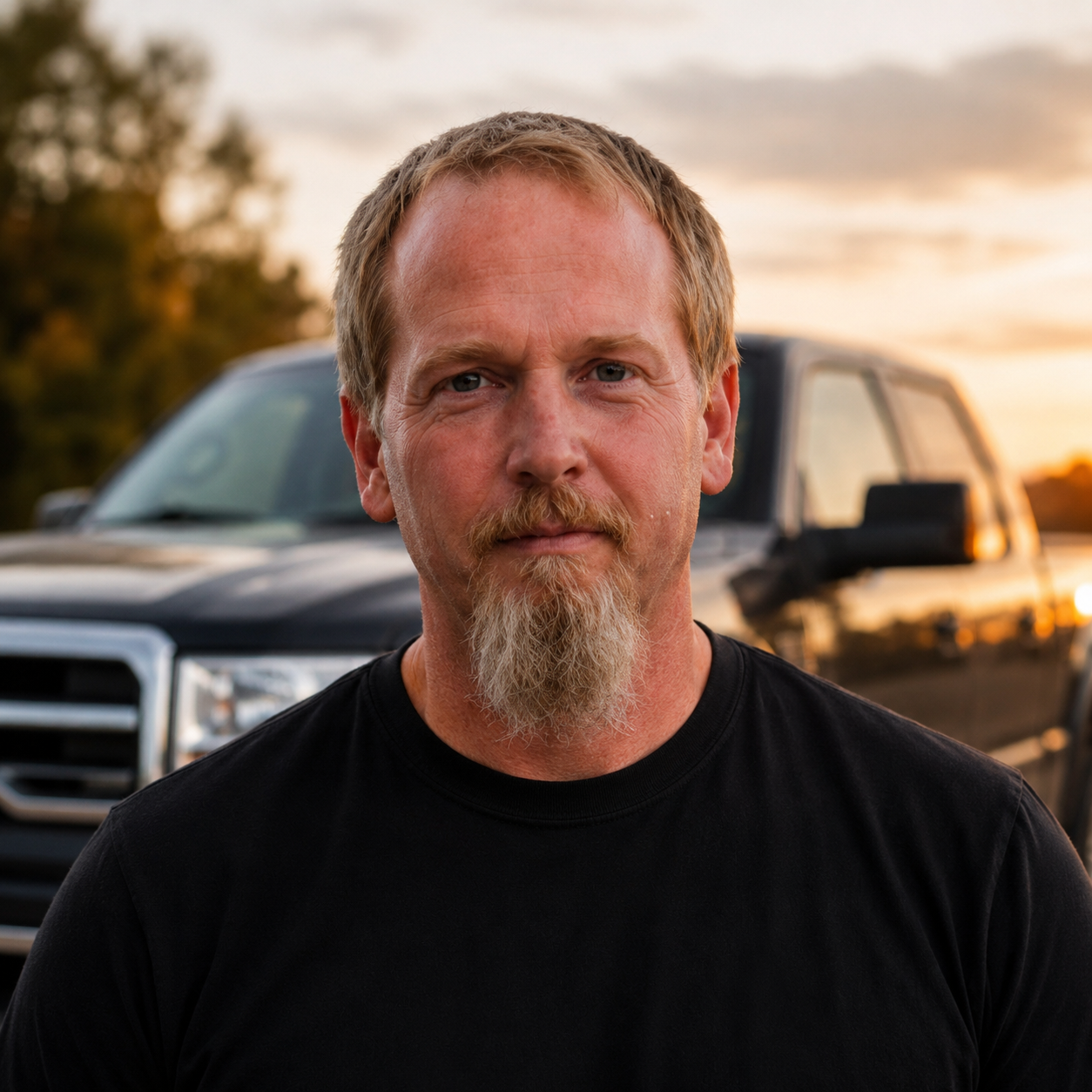 A man with a beard and mustache standing outdoors with a truck in the background during sunset.