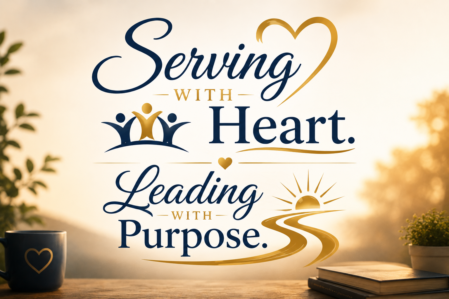Inspirational quote about serving with heart and leading with purpose, with a sunset background, a mug with a heart, a closed book, and a potted plant on a wooden surface.