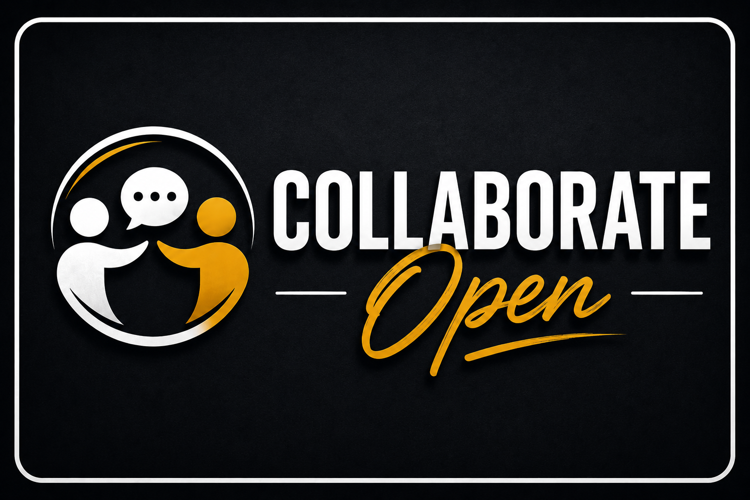 Logo with two stylized figures high-fiving inside a circle, with speech bubbles above, accompanied by the text 'Collaborate Open' in white and gold on a black background.