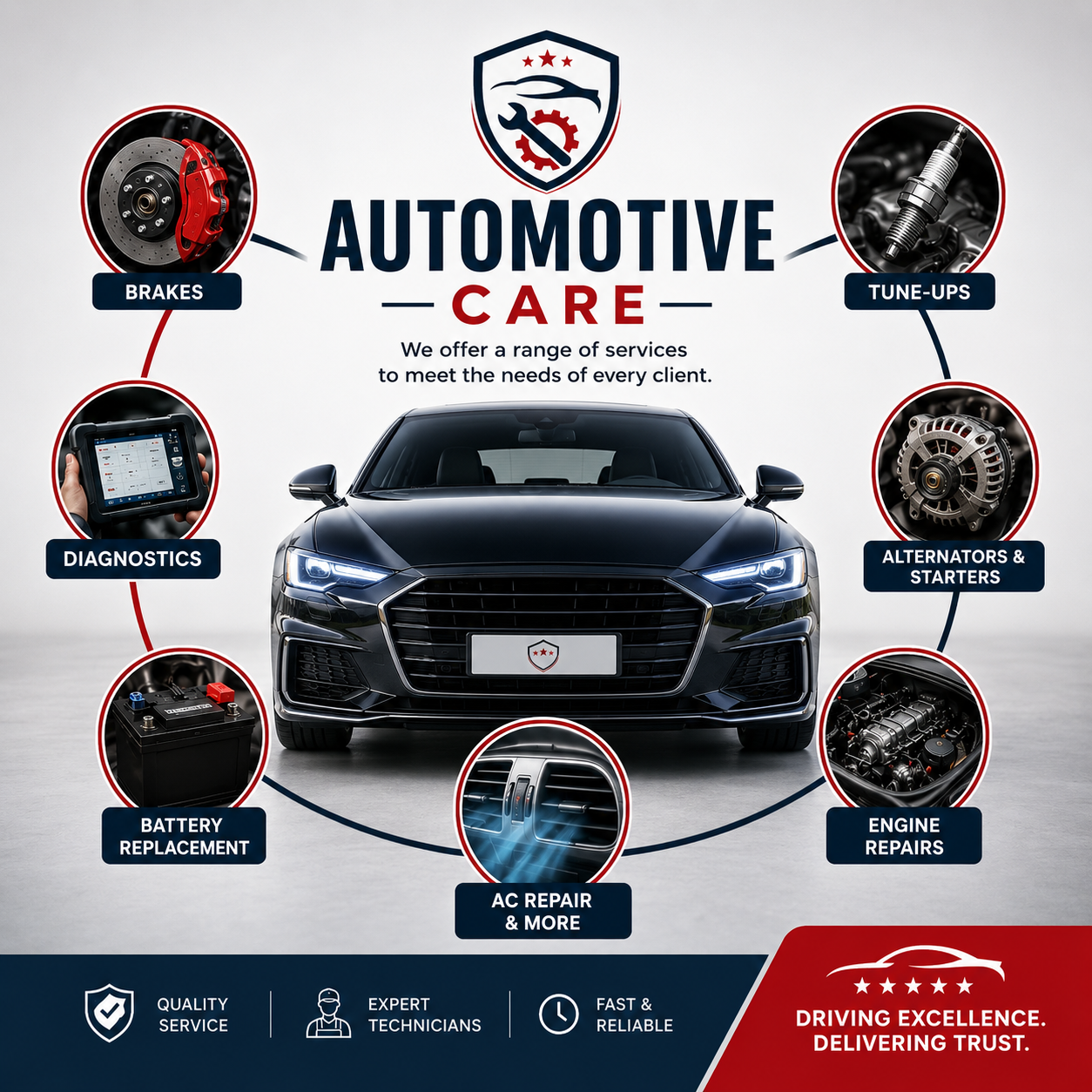 Infographic advertising automotive care services. A car in the center surrounded by icons representing brakes, diagnostics, battery replacement, AC repair, engine repairs, alternators & starters, and tune-ups. Text highlights quality service, expert technicians, and reliability.