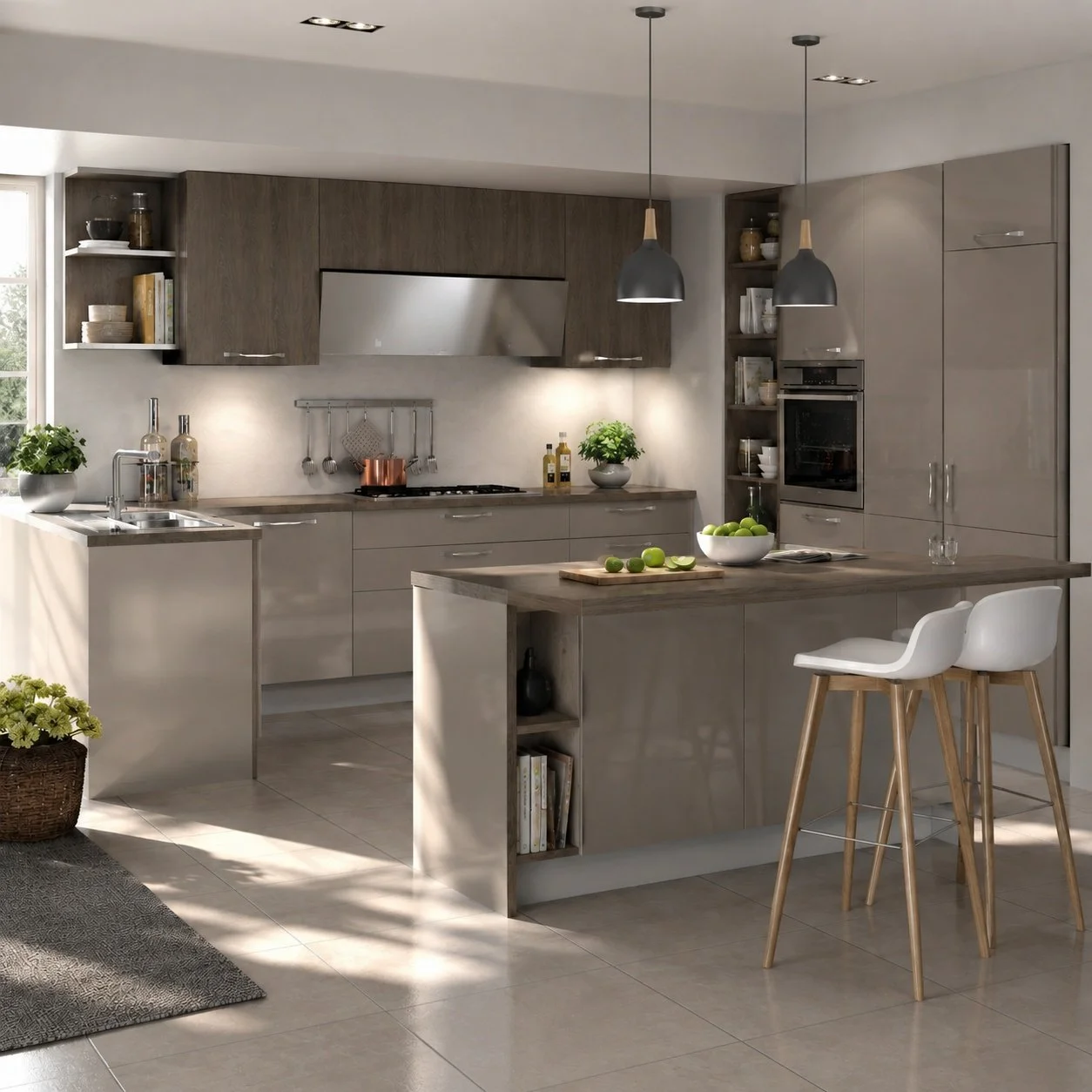 Modern kitchen with beige cabinets, wooden accents, pendant lights, and a kitchen island with white stools, decorated with bowls of green apples and potted plants.