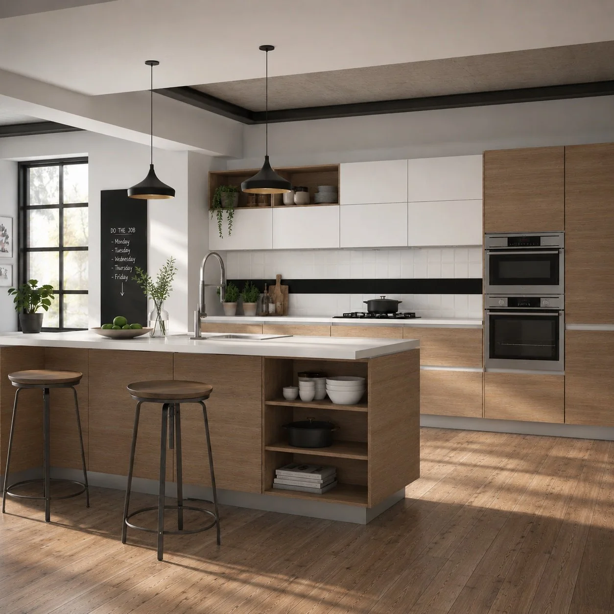 Modern kitchen with wooden cabinets, white countertops, black pendant lights, and a large window letting in natural light.