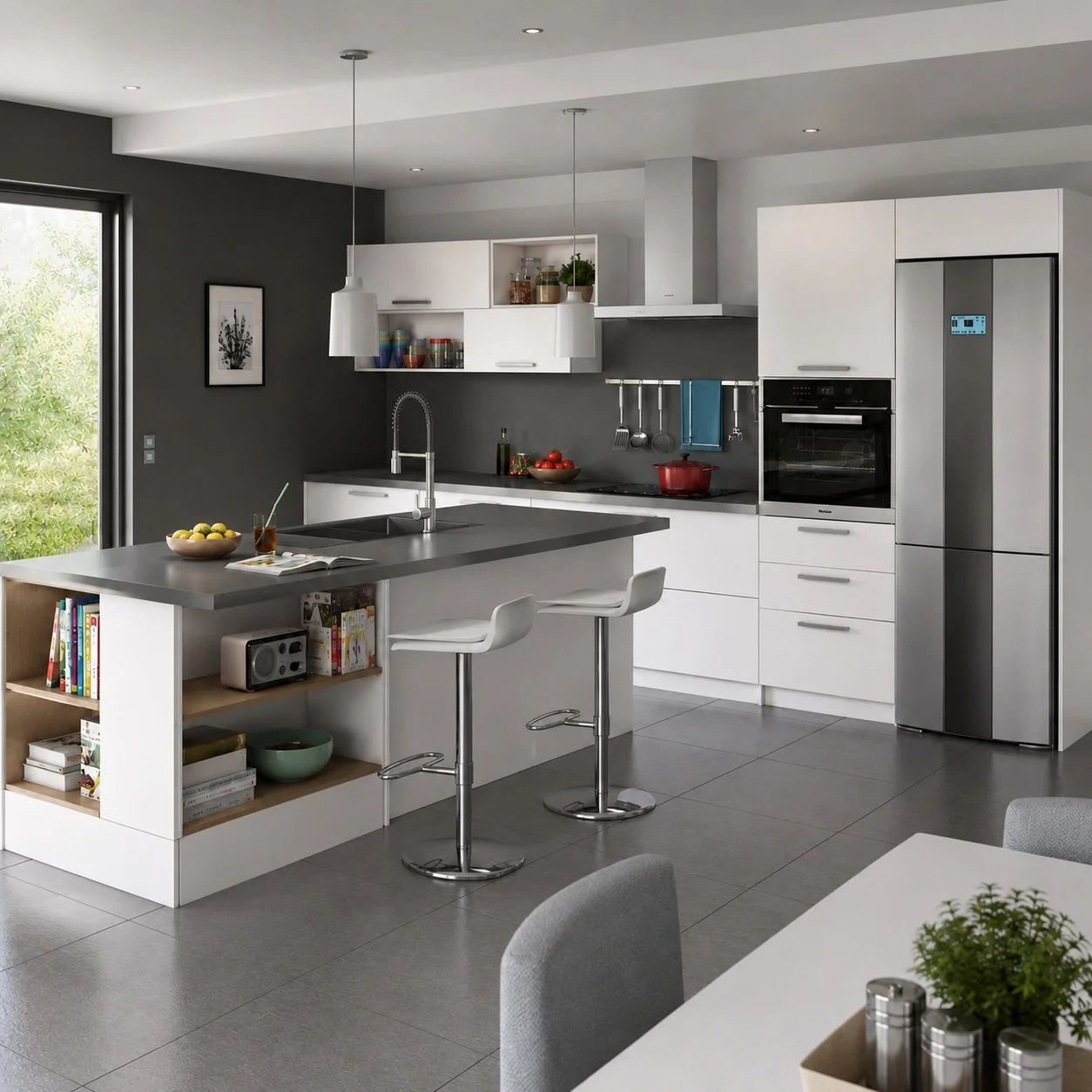 Modern kitchen with white cabinets, gray countertops, stainless steel refrigerator, oven, and dark gray accent wall. Includes kitchen island with open shelving and two white bar stools, and various kitchen utensils and plants.