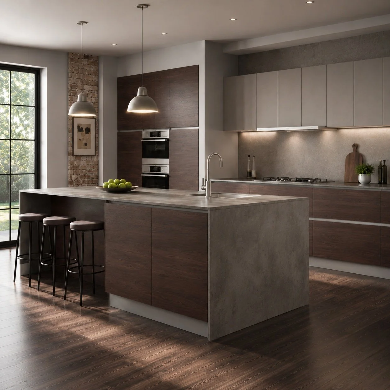 Modern kitchen with a large island, bar stools, built-in ovens, and a stovetop, featuring wood and concrete finishes, pendant lights, and large windows.