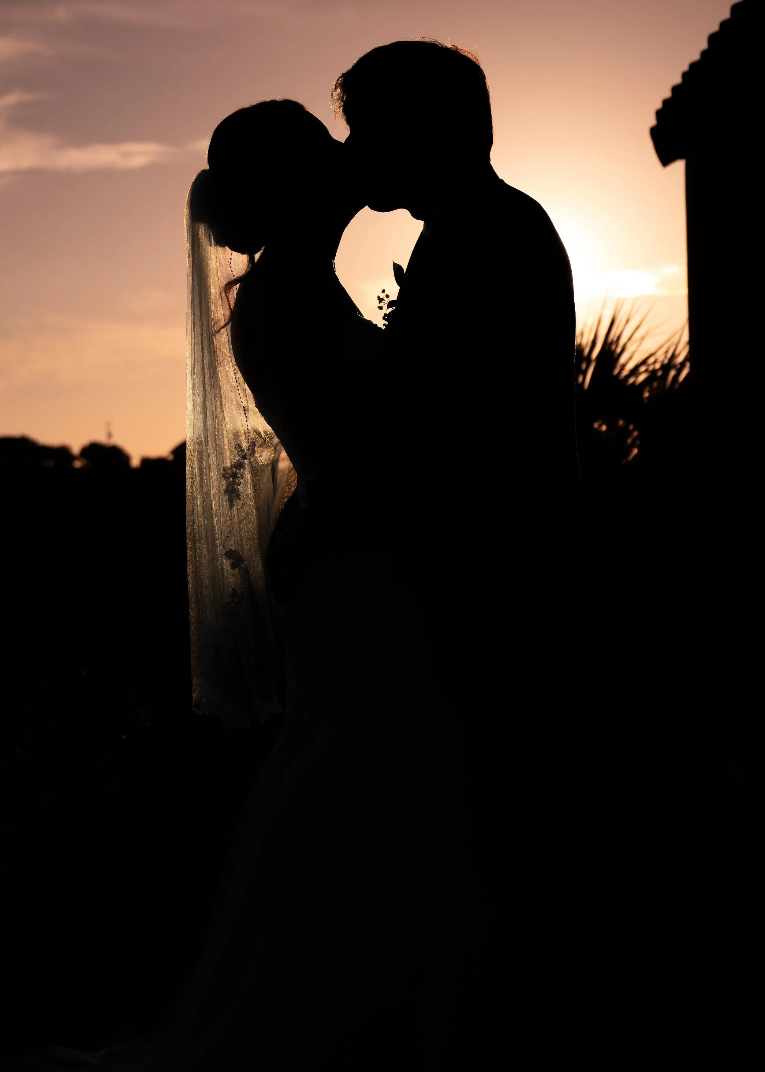 Silhouette of a couple kissing at sunset, with faint outlines of trees and a building in the background.
