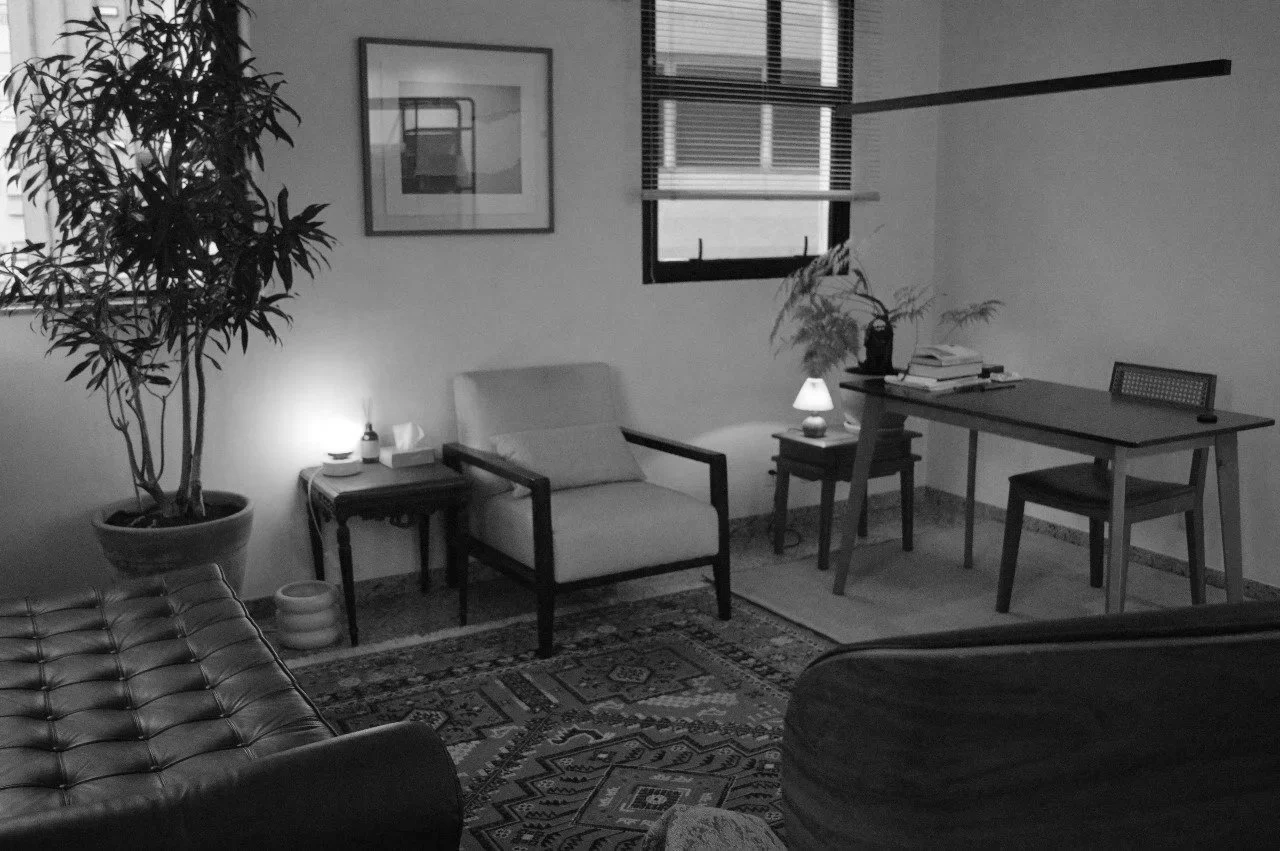 Fotografia da sala de atendimento. O espaço é bonito, aconchegante e intimista, com plantas e abajures. Vê-se uma poltrona, uma escrivaninha e um divã de couro.