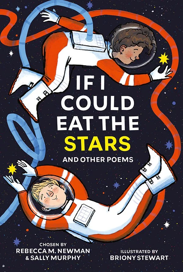 Cover of children's poetry anthology. Cover art shows two children in astronaut floating in Space and reaching for yellow stars.