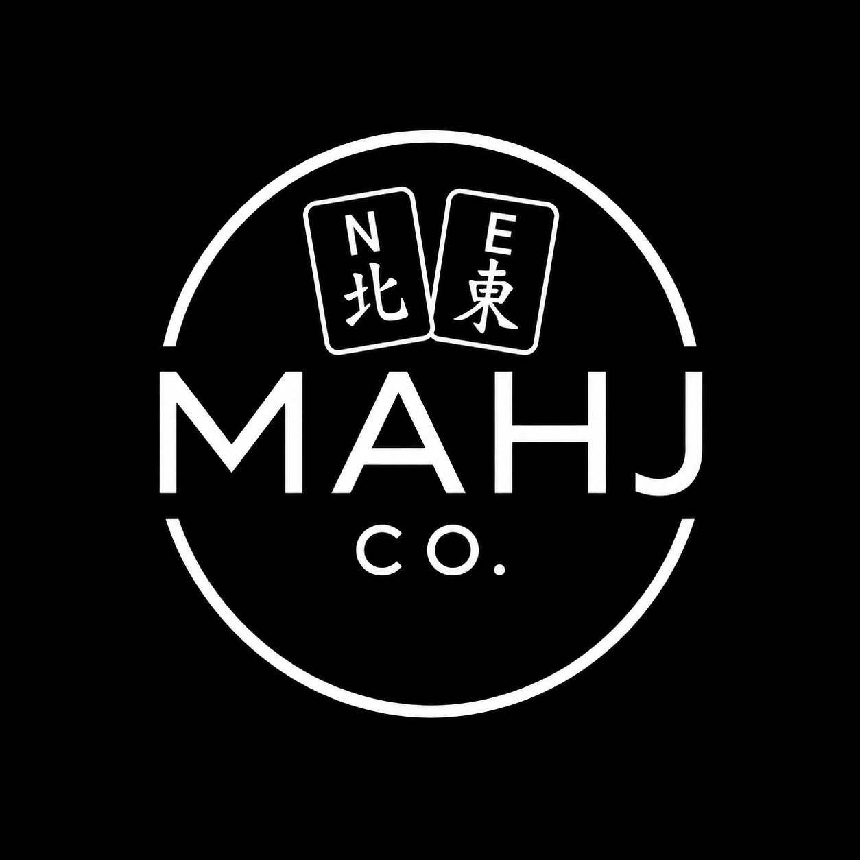 Black and white logo for MAHJ Co. featuring two cards with Chinese characters and English letters N and E above the brand name.