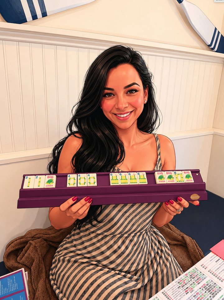 A woman with long black hair, smiling, holding a purple Mahjong tile rack with Mahjong tiles, sitting in a restaurant or cafe with a white-paneled wall and a decorative oar in the background.