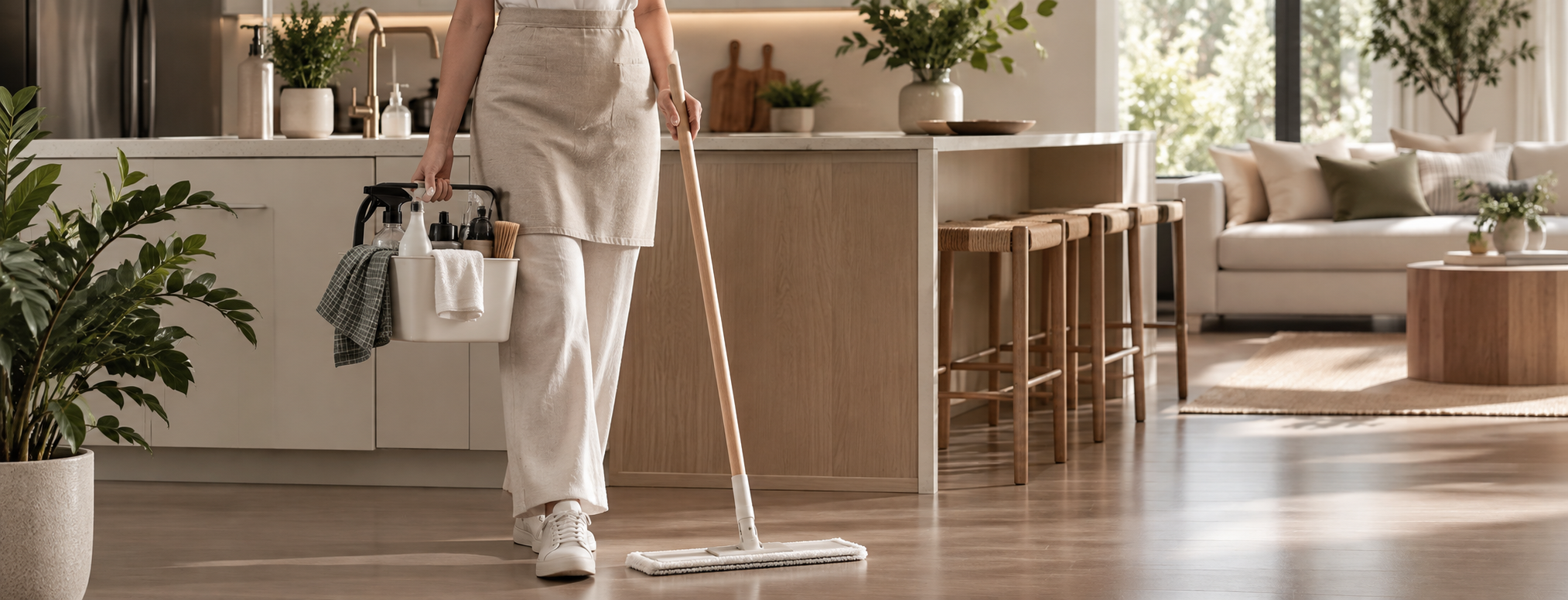 Person cleaning hardwood floor with a mop in a modern, well-lit living space.