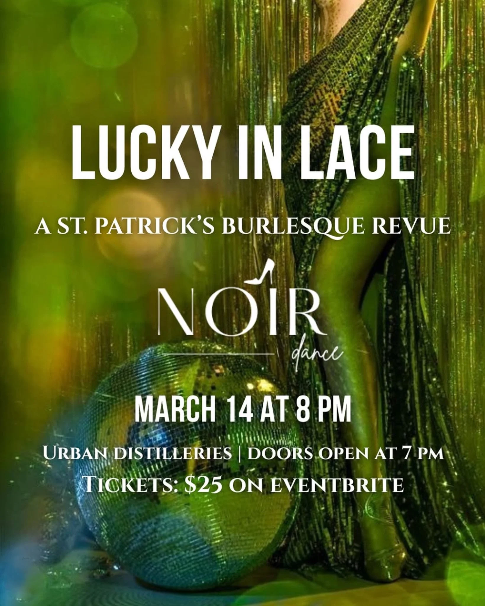 Pink and green lace for St. Patrick's Day event, promotional flyer with event details overlayed.