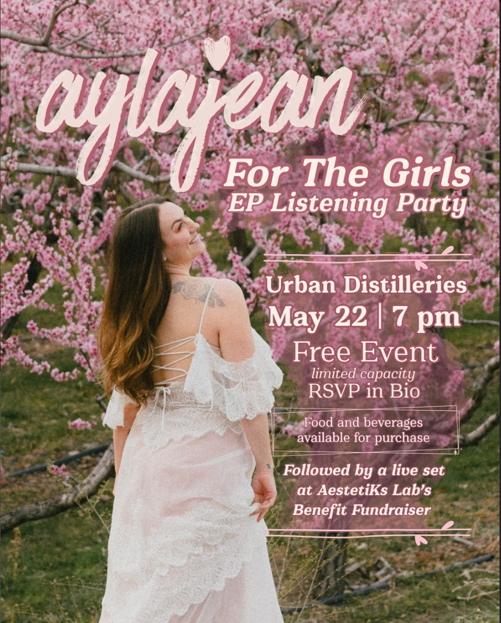 A woman in a white lace dress smiling while standing in front of pink cherry blossom trees, promoting an event on May 22 at 7 pm, food and beverages available for purchase, followed by a live set at AestetiKs Lab's Benefit Fundraiser.