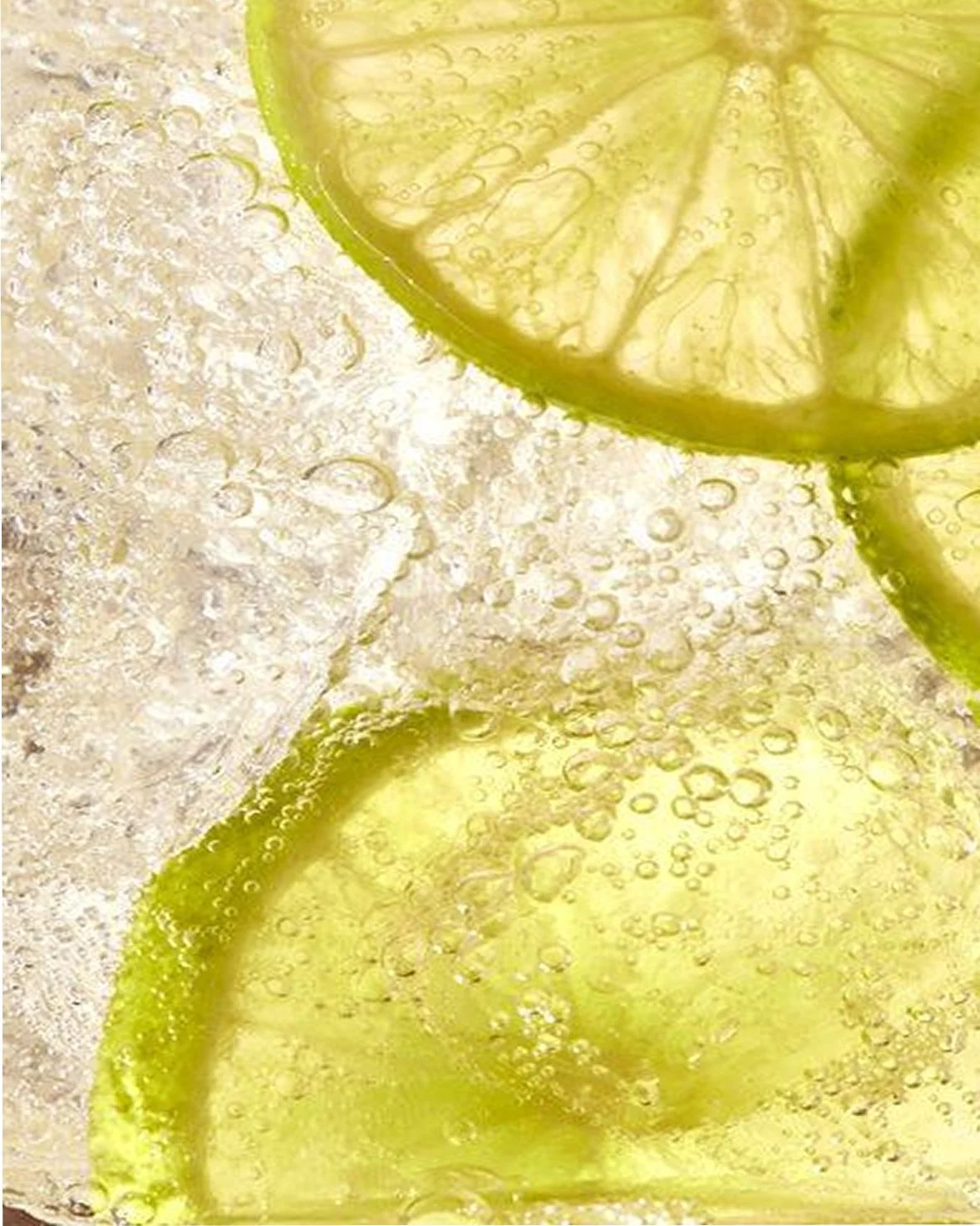 Close-up of lime slices in a bubbly gin and tonic
