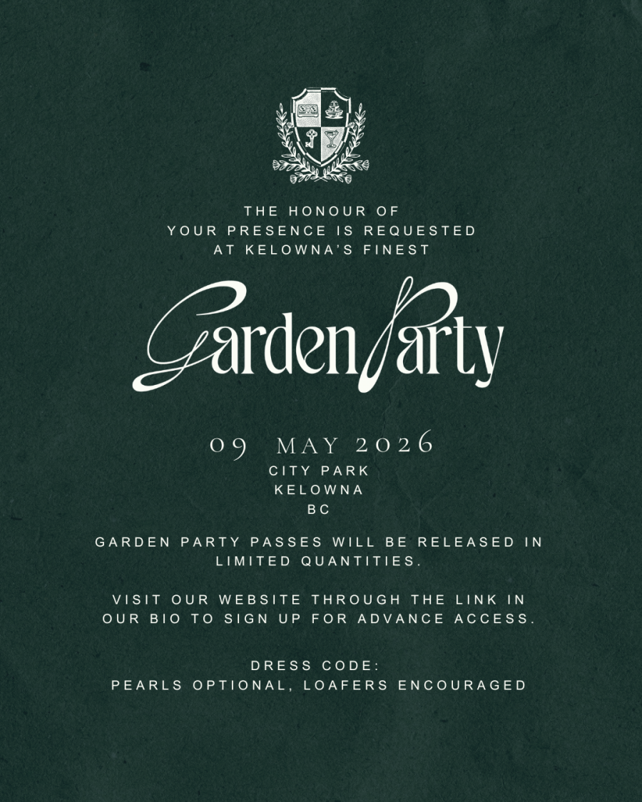Invitation to a garden party at City Park in Kelowna, BC on May 9, 2026. The invite emphasizes limited tickets, dress code of pearls and loafers, and includes a website link for priority access.