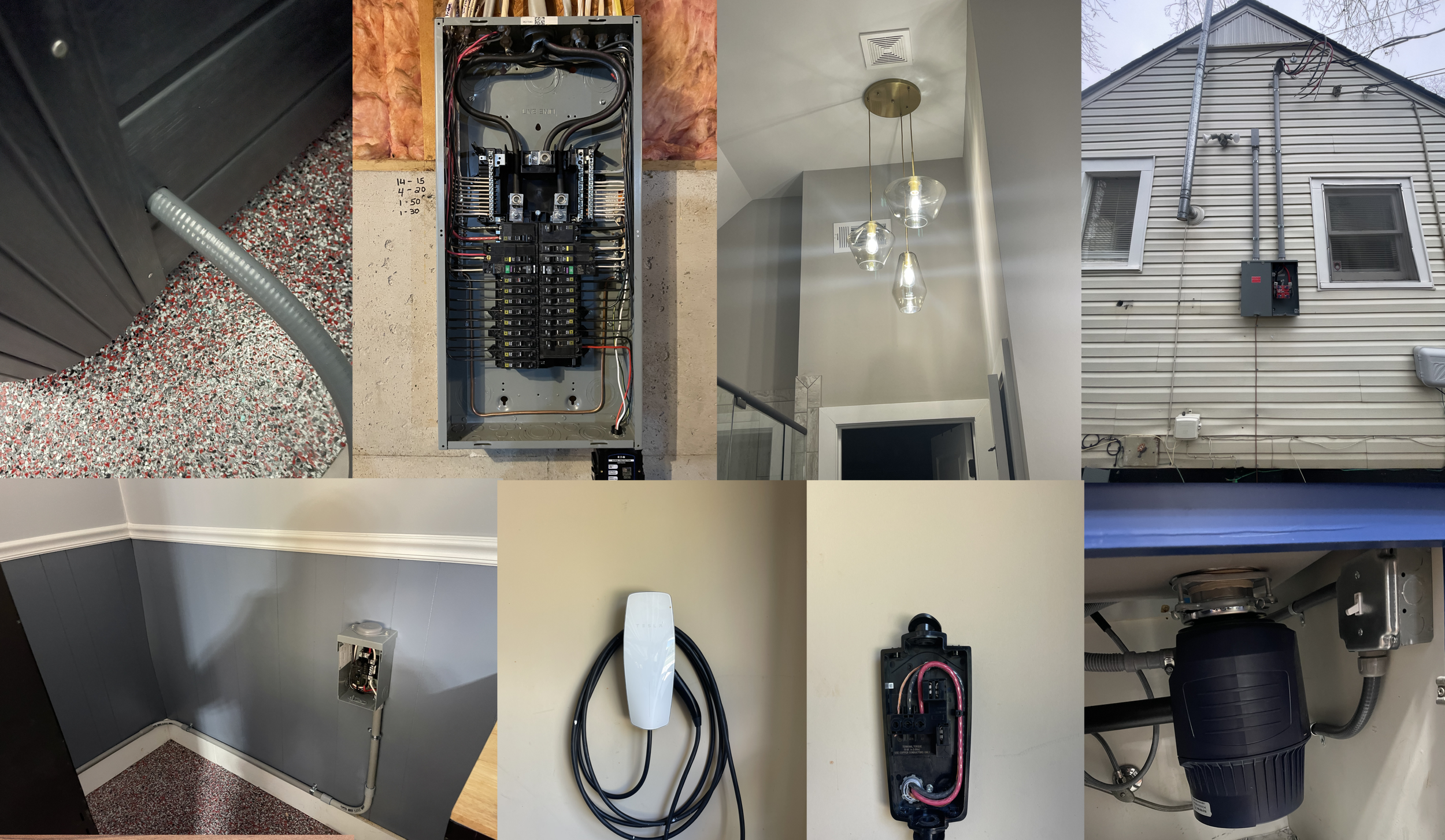 Collage of various electrical and lighting fixtures, including an electrical panel with wires, interior ceiling lights, an outdoor power box on the house, a wall sconce, and a laundry room outlet.