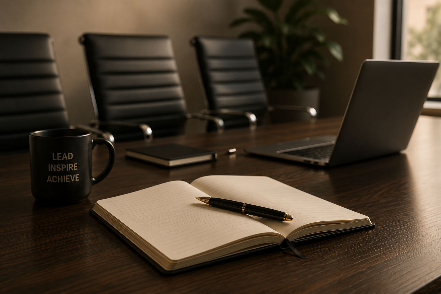 A conference room with a wooden table, black chairs, an open notebook with a pen, a closed notebook, a laptop, a coffee mug with motivational words, and a large window with a potted plant in the background.