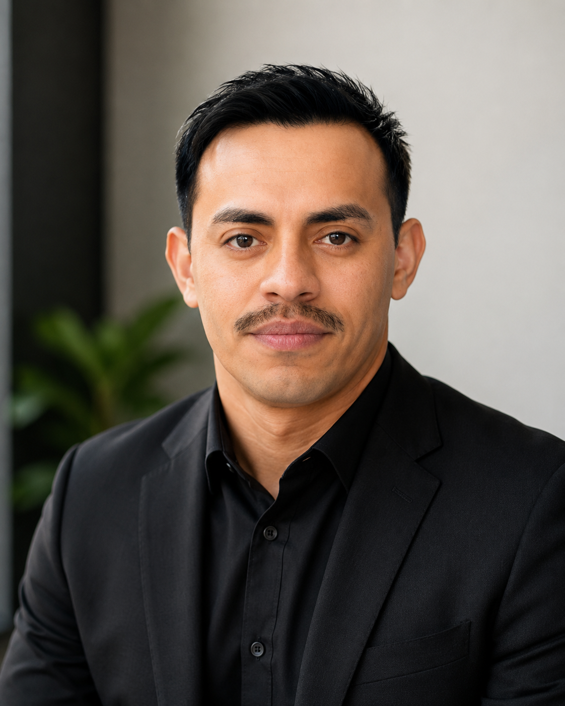 A well-dressed man with dark hair, a mustache, and a slight smile, wearing a black suit and black shirt, sitting indoors with a blurred background featuring a plant.