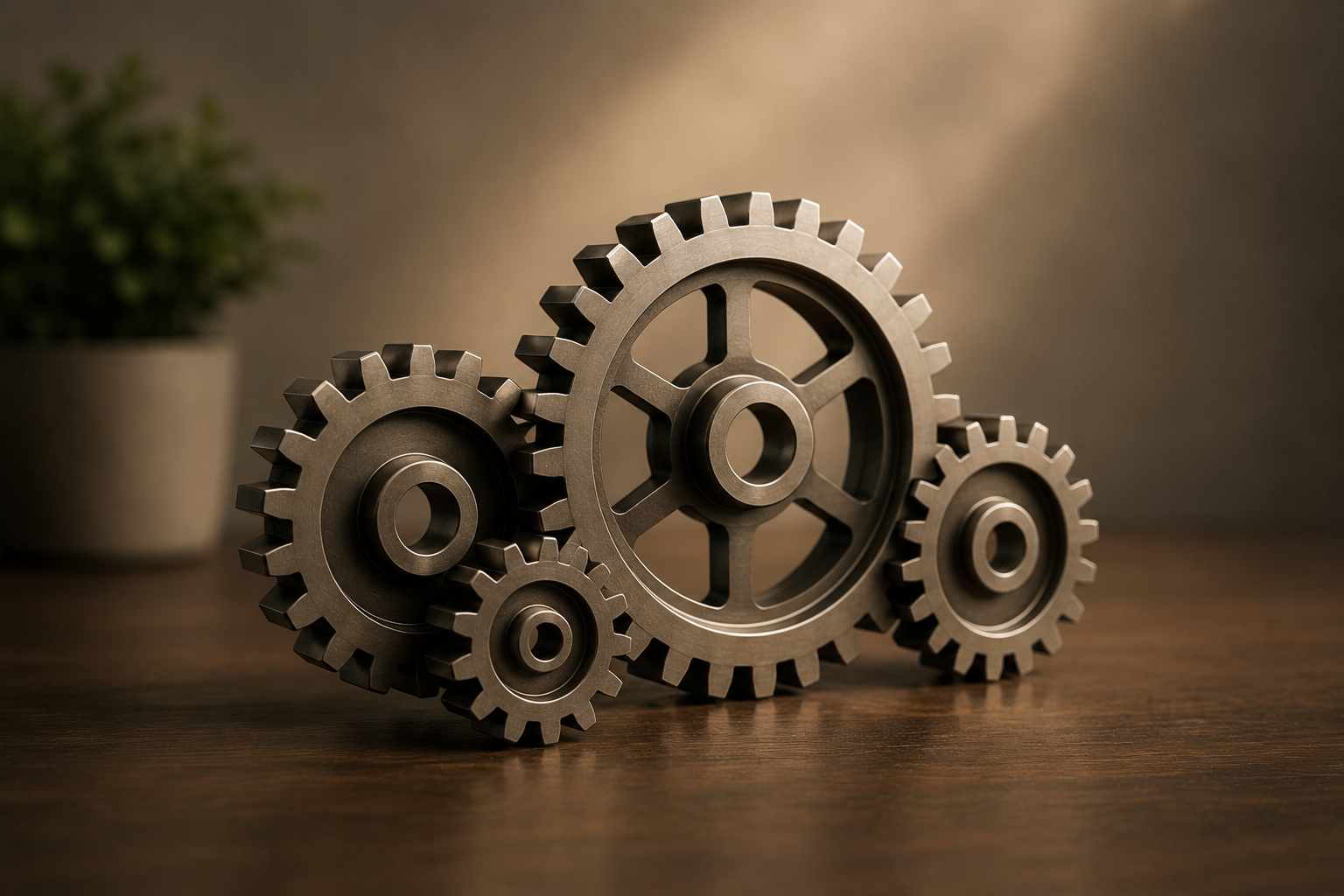 Set of metal gears with interlocking teeth on a wooden surface, blurred background with a plant.