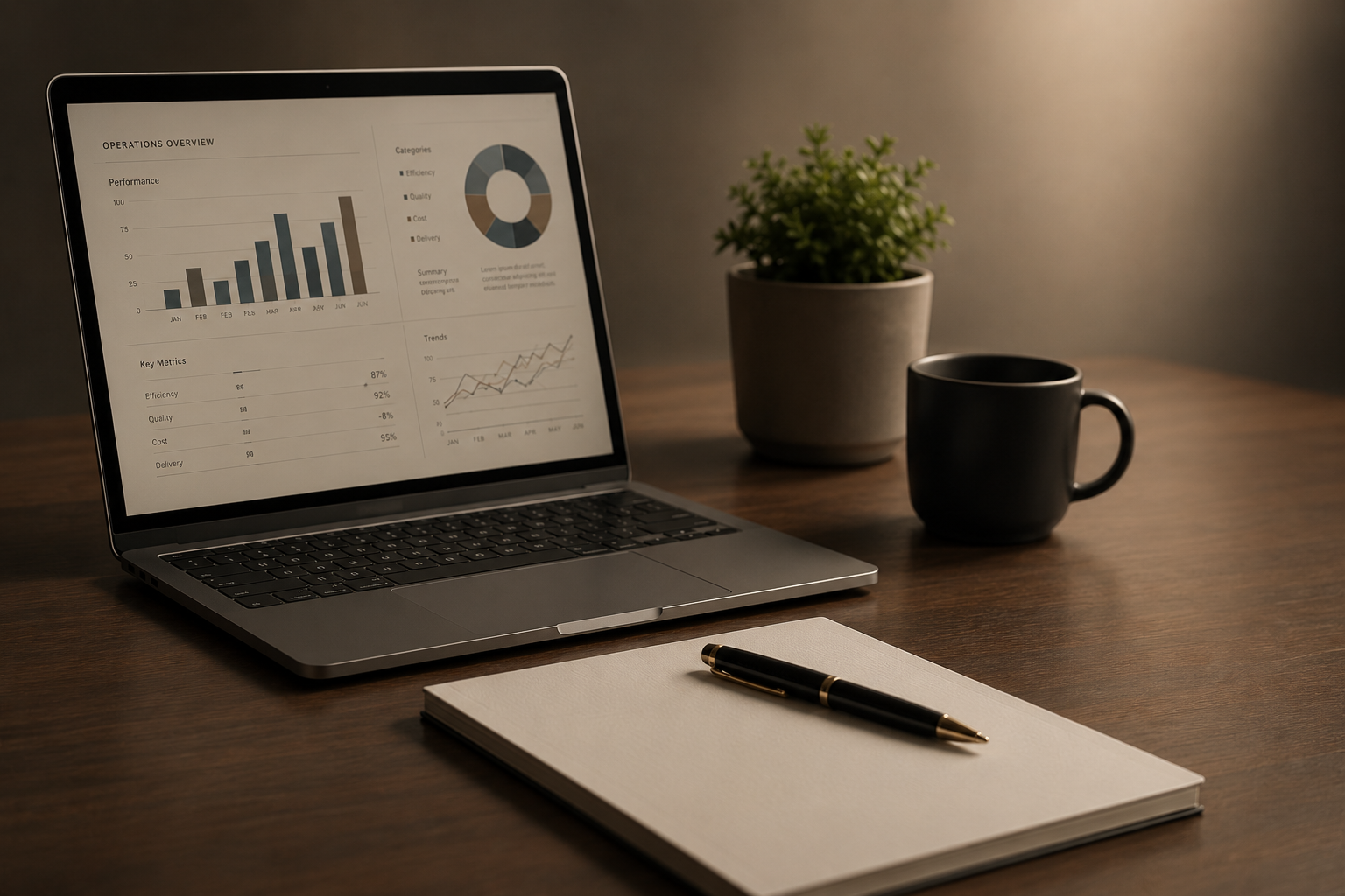 A laptop displaying various business charts and graphs on a wooden desk, accompanied by a black pen on a closed notebook, a black mug, and a potted green plant in the background.
