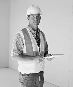 A man in a hard hat and safety vest holding a clipboard, standing against a plain background.