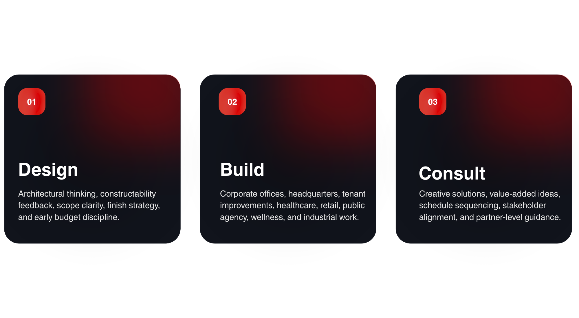 Three dark-themed cards labeled 'Design,' 'Build,' and 'Consult' with numbered red labels 01, 02, 03, each containing descriptions about architecture, corporate offices, and creative solutions.