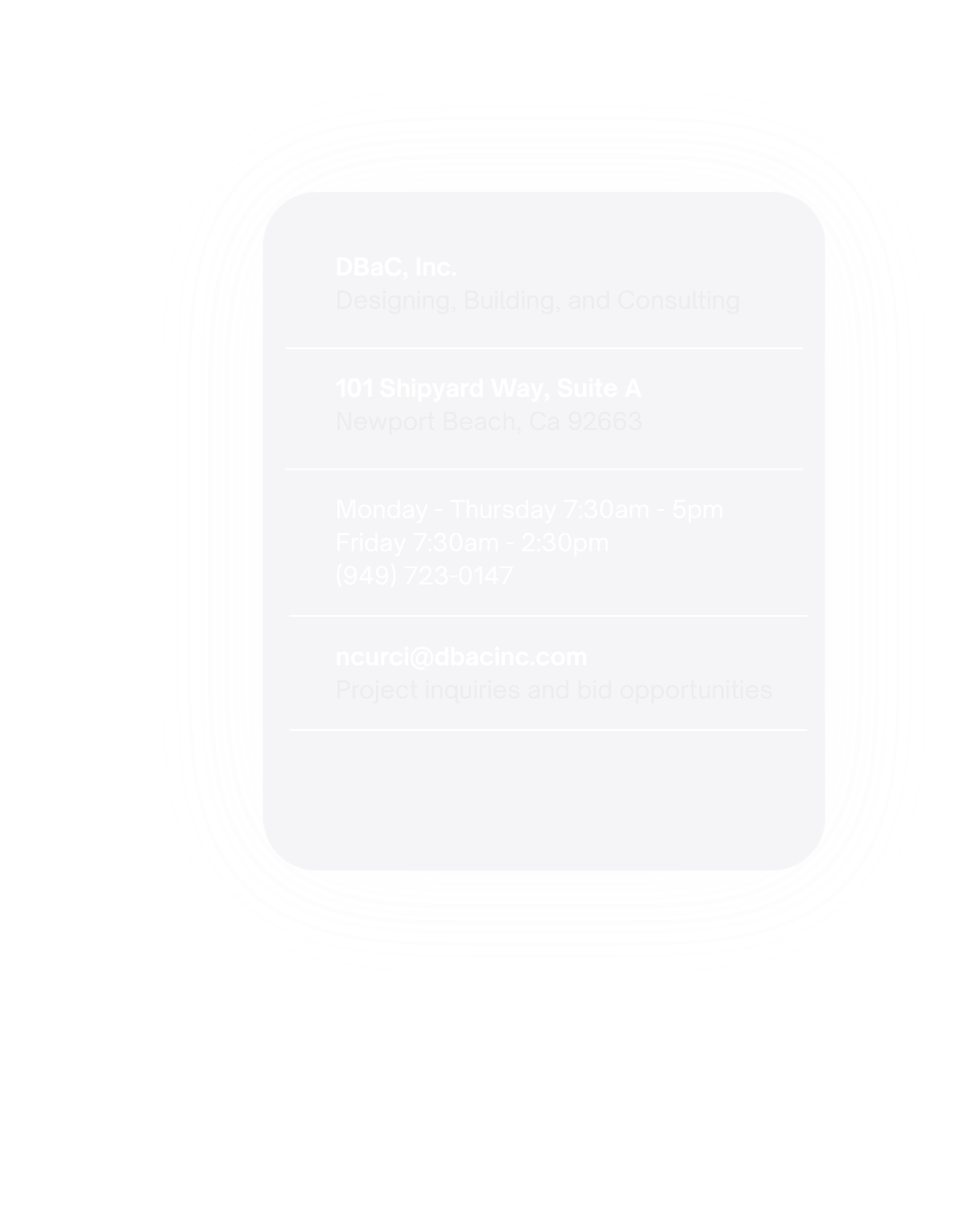 Business card for DBaC, Inc. with contact information, address, hours, and email.