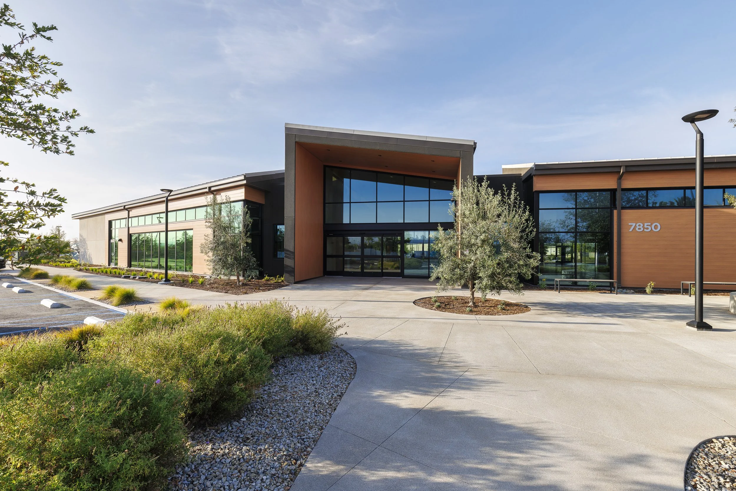 Modern commercial building with large glass windows, wooden accents, parking lot, landscaped plants, and tall street lamps, under a clear blue sky.